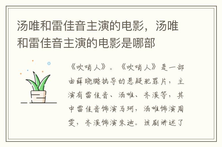 湯唯和雷佳音主演的電影，湯唯和雷佳音主演的電影是哪部